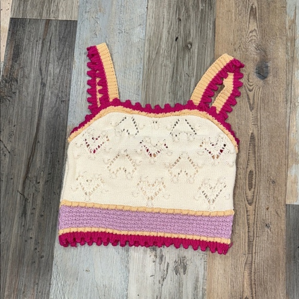 Zara Pink and Cream Crochet Knit Top